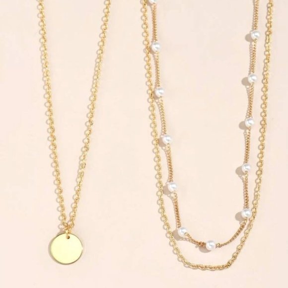 Yellow Gold Plated Disc Faux Pearl Necklace - 2 pieces - Picture 5 of 6